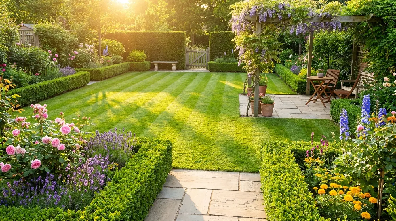 A landscaped garden with a paved patio